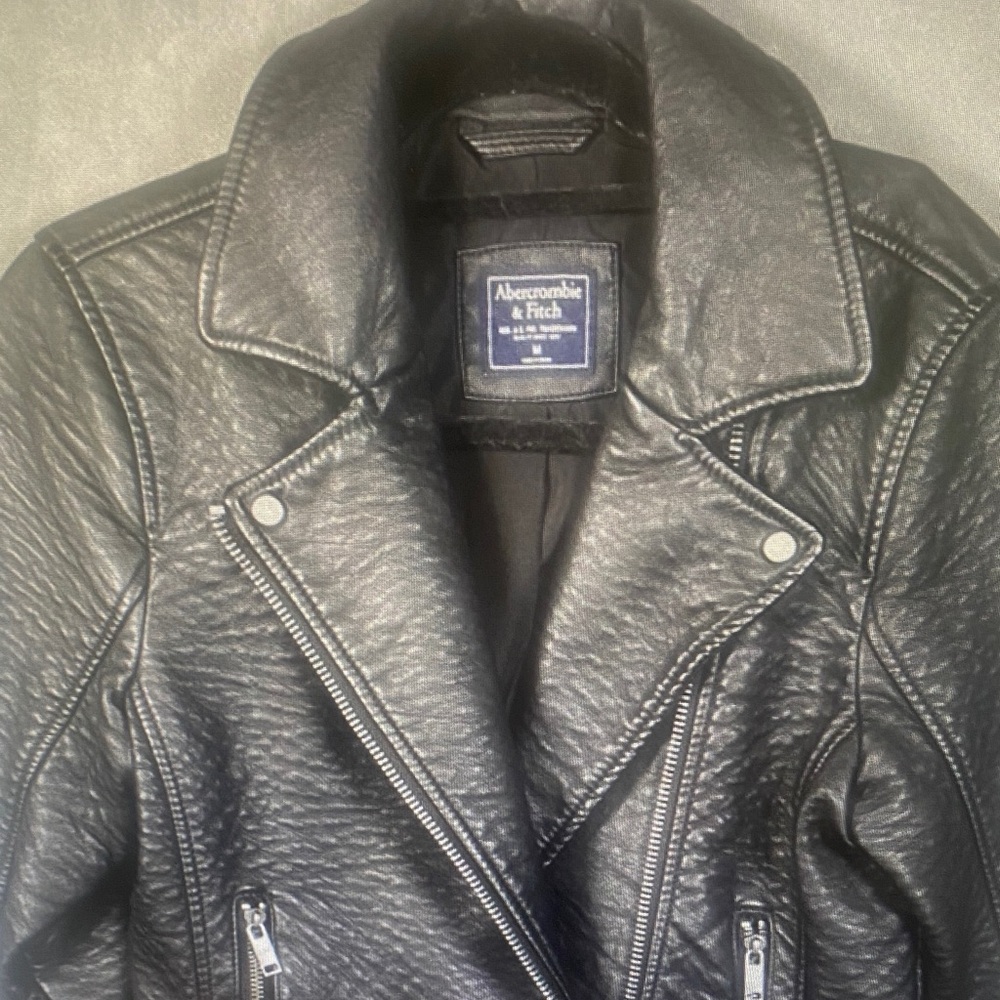 Abercrombie & Fitch Black Faux Leather Moto Jacket Womens Sz M Vegan Biker Coat